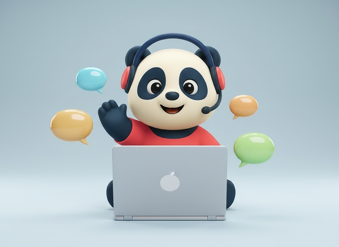 Kulaklıklı panda dizüstü bilgisayar başında, etrafında konuşma balonları