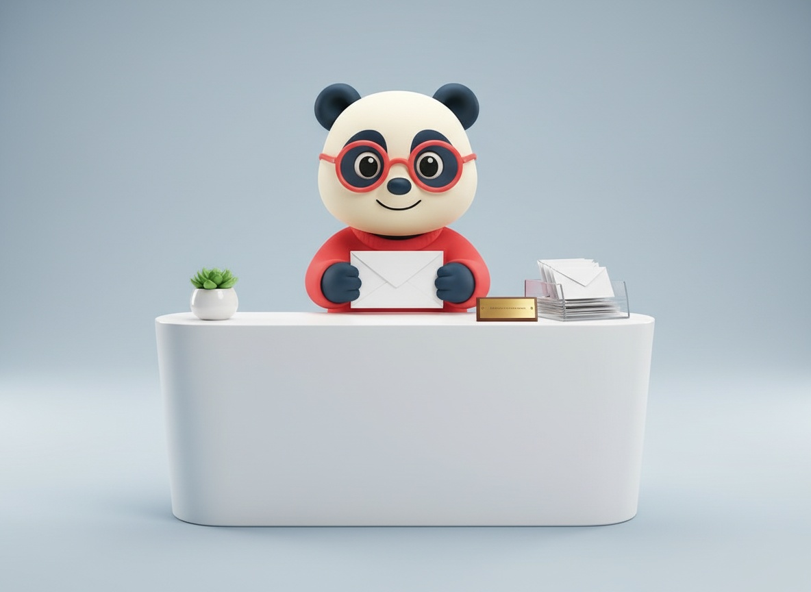 Karşılama masasında zarf tutan panda illüstrasyonu